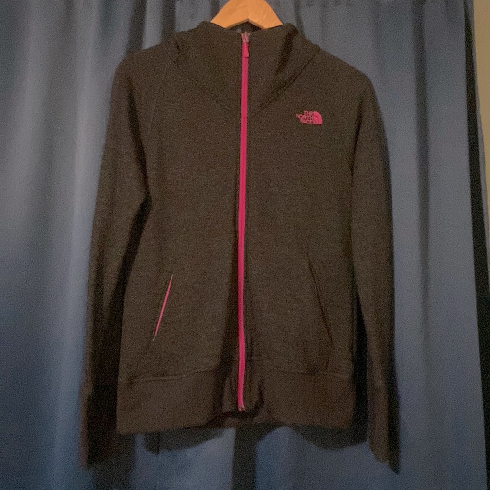 Black and Pink NorthFace zip up hooded sweatshirt